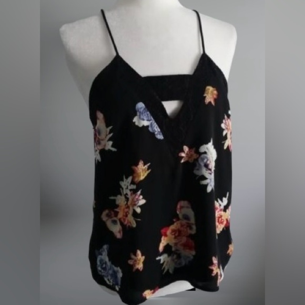 Express Black Floral Lined Zip Up Tank Top Medium
